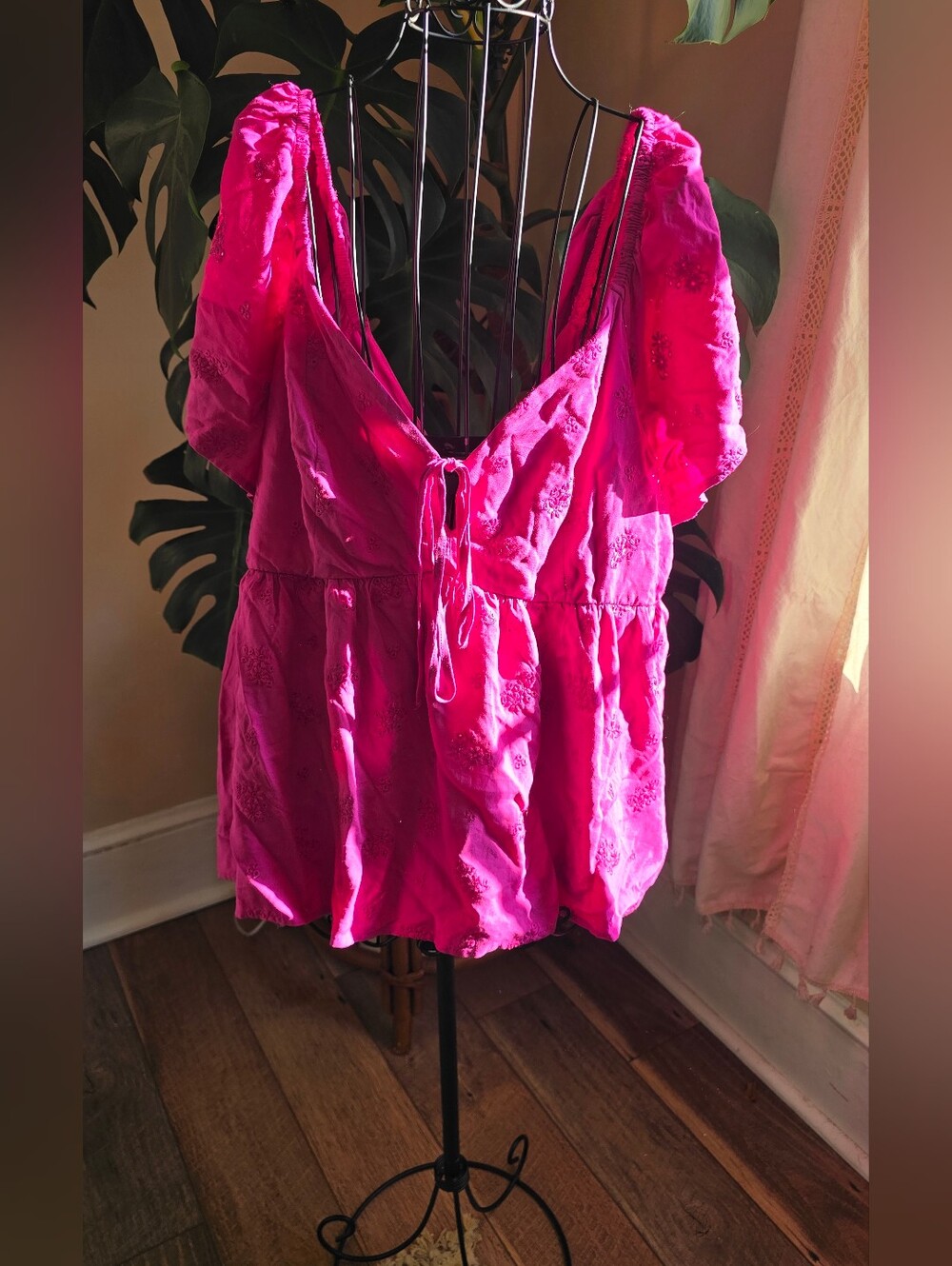 Bright Pink Embroidered V-Neck Peplum Top